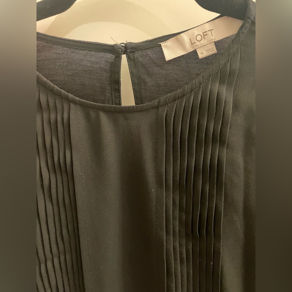 LOFT Black Short Sleeve Pleated Top Tuxedo Design